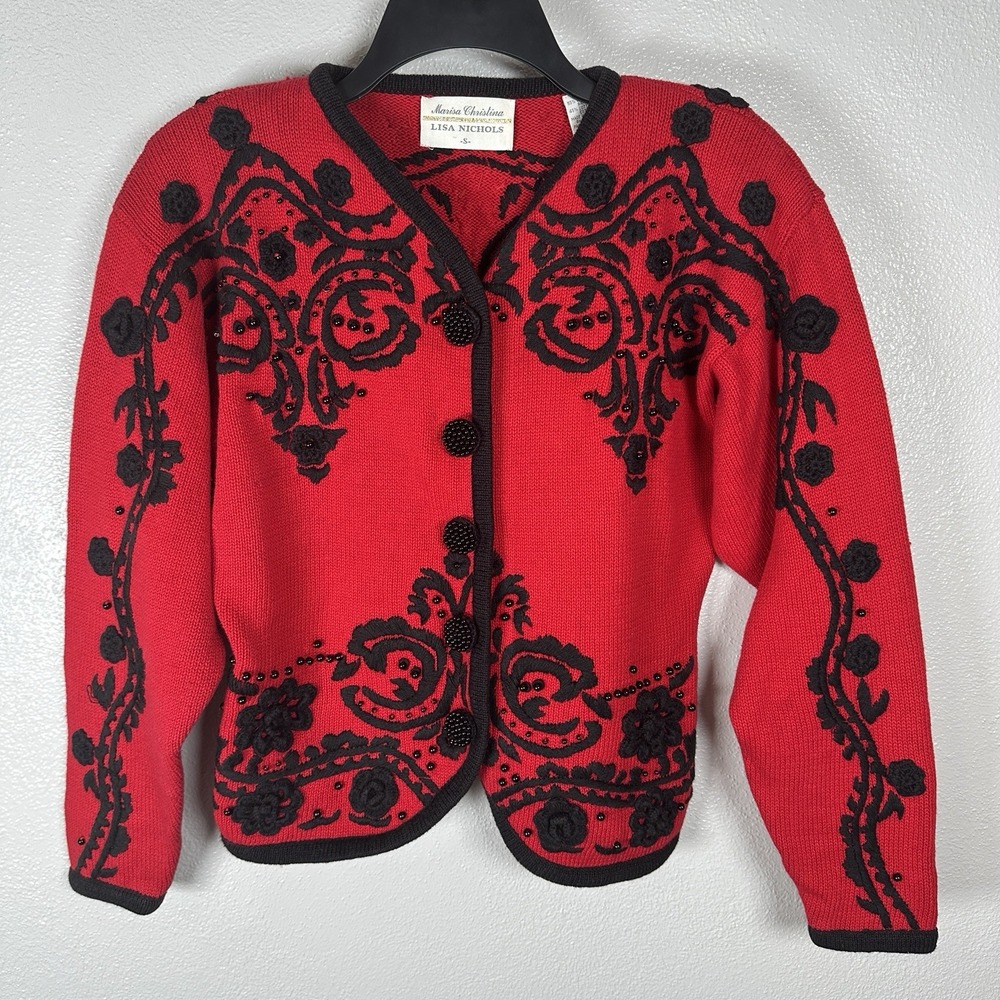 Marisa Christina Lisa Nichols Vintage Black Red Embroidered Beaded Cardigan‎ Sm